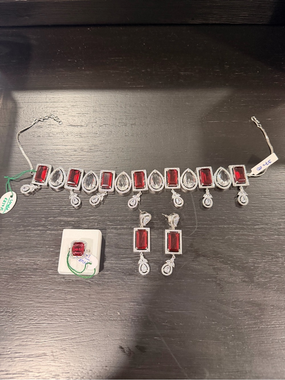 Elegant Red Gemstone Necklace & Earring Set - Silver Tone